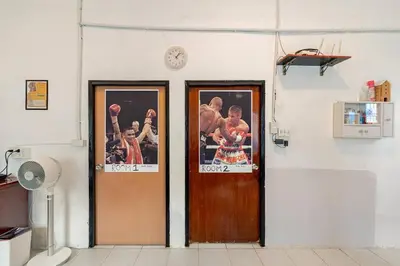 two doors in a room with basketball posters on the wall at Room 1 Homestay Near BTS Bangwa in Bangkok