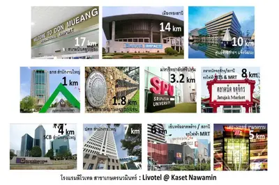 a collage of pictures of different cities and buildings at Livotel Hotel Kaset Nawamin Bangkok in Bangkok