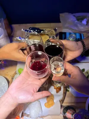 a group of people holding up glasses of wine at RoXx Social Hostel in Bangkok