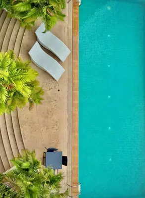 an overhead view of a swimming pool with palm trees at The Wooden Nest Warm Stay at Sukhumvit 8 in Bangkok
