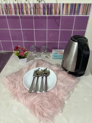 a table with a plate and utensils on a pink rug at Ally home 14 06 in Thung Si Kan