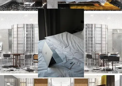a collage of photos of a bedroom with a laptop and a table at Warm Pillow Hotel Bangkok in Bangkok