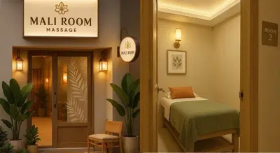 a room with a bed and a sign that reads mall room massage at Minimal condo 5 mins to mrt Suthisarn in Bangkok