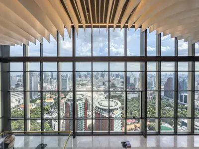 a large window in a building with a city view at Luxury Residence in Central of Bangkok Siam Paragon Central World in Pratunam