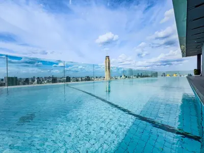 a swimming pool on the roof of a building with a city skyline at New Residence in Central Bangkok Siam Paragon Central World in Pratunam
