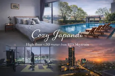 a poster of a bedroom with a swimming pool at Cozy Japandi Stay on Sukhumvit in Bangkok