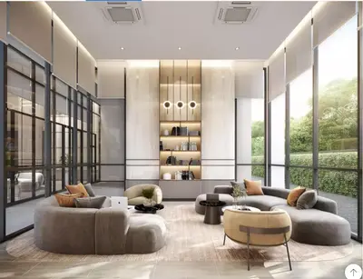 a living room with couches and tables and windows at 2 Bunk bed Lady Room, MRT Bang Pho in Bangkok