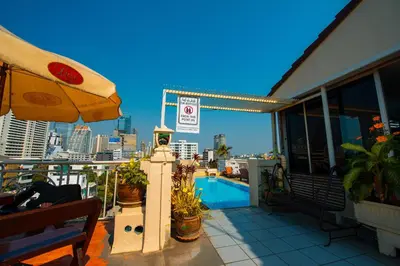 a balcony with a pool and a no swimming sign at Sathorn Garden View in Bangkok
