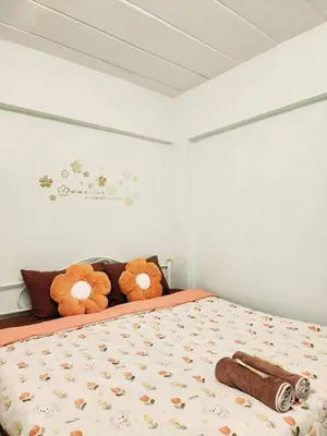 a bed with three stuffed teddy bears on it at 707-STP Homely room Free Wi-Fi and Near BTS in Sathani Bang Khen