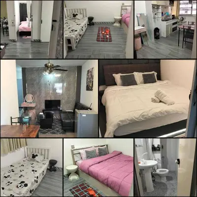 a collage of pictures of a bedroom with a bed at IMPACT popular condo แม่ตัง in Ban Bang Phang