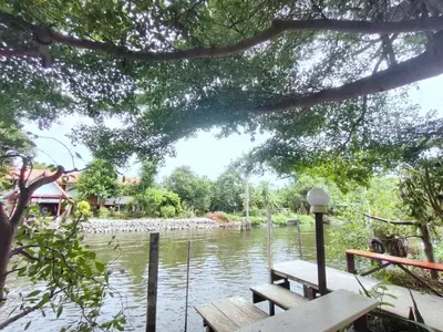 a view of a river with a bench and trees at Chan Klong No8 Homestay - บ้านชานคลองหมายเลข8 in Sathani Wat Sing