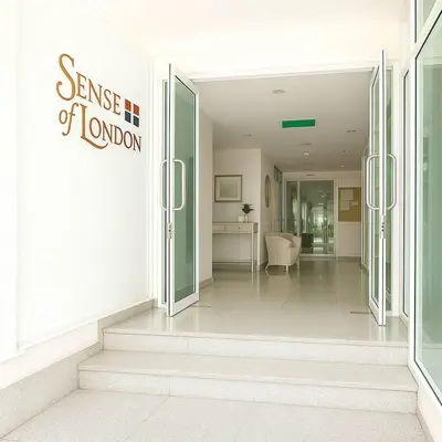 a building with a sign that reads sense of london at 1 BR 5 Mins BTS Bearing 7-11 and Lotus in Ban Khlong Samrong