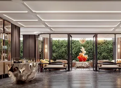 a rendering of a lobby with tables and chairs at Fairmont Bangkok Sukhumvit in Bangkok