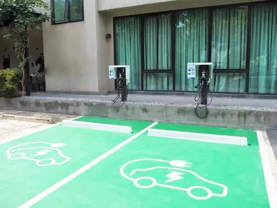 a green parking lot with a bike painted on it at The Journey Hotel Laksi in Bangkok