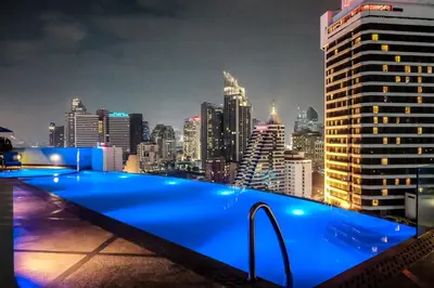 a swimming pool on the roof of a building with a city skyline at Shama Sukhumvit Bangkok in Bangkok