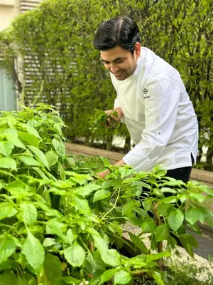 a chef is looking at a plant in a garden at Courtyard by Marriott Bangkok in Bangkok