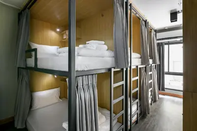 a group of bunk beds in a room at Travelier Hostel in Bangkok