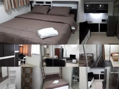 a collage of photos of a bedroom and a bed at New Room in Nonthaburi