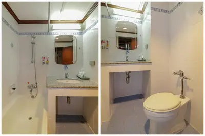 two pictures of a bathroom with a toilet and a sink at Malaysia Hotel Bangkok in Bangkok