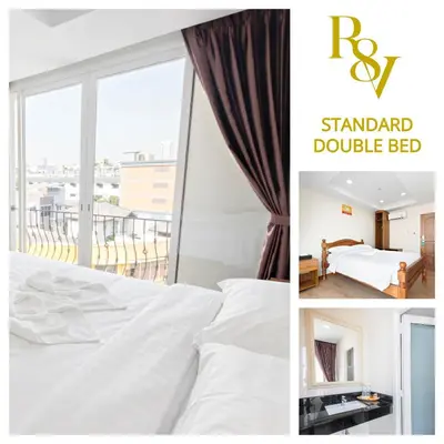 a collage of photos with a bed and a balcony at Royale 8 Ville Guest House in Bangkok