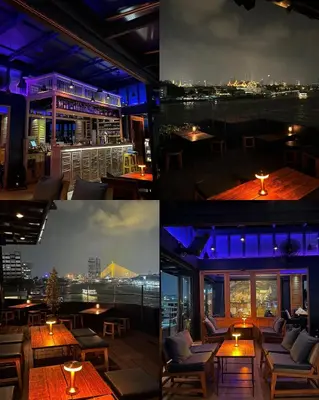 a collage of photos of a restaurant with a view at Baan Wanglang Riverside, Bangkok in Bangkok