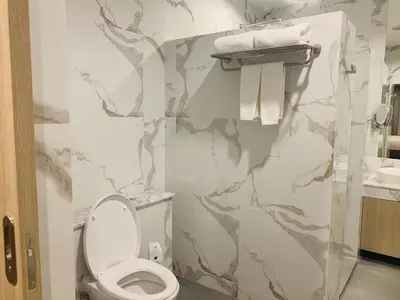 a bathroom with a toilet and a marble wall at Gold Orchid Bangkok Hotel in Bangkok