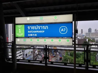 a sign at a train station with a city at Wow Guesthouse in Bangkok