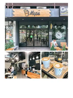 a collage of three pictures of a coffee shop at T1 Large Studio Full kitchen 100m. to BTS in Bangkok