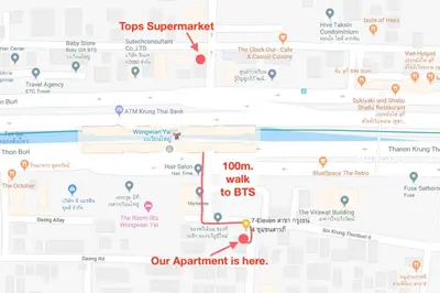 a map of our apartment is here at T2 2 Bedrooms 6 guests Full kitchen 1 min to BTS in Bangkok