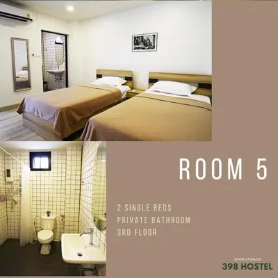 a hotel room with two beds and a bathroom at 398 HOSTEL in Bangkok
