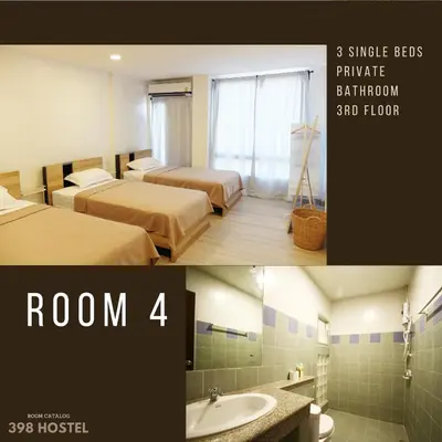 a hotel room with two beds and a bathroom with a sink at 398 HOSTEL in Bangkok