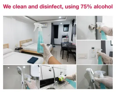 a collage of pictures of a room with cleaning equipment at P3 Silom Large 2beds full kitchen WIFI 4-6pax in Bangkok