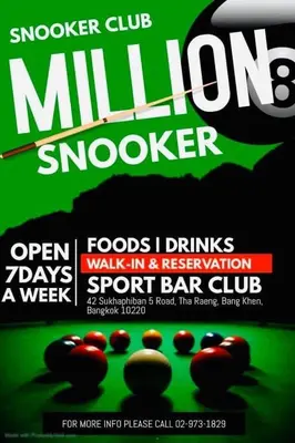 a flyer for a game of snooker on a green background at Million Mansion in Bangkok