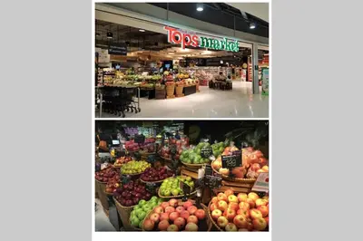 two pictures of a grocery store with fruits and vegetables at S2 Silom Large room 4-6 guests Full kitchen WIFI in Bangkok