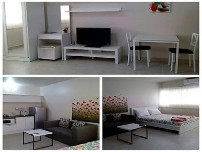 two pictures of a living room with a couch and a table at Dmk Don Mueang airport Guest House meet-greet service in Thung Si Kan