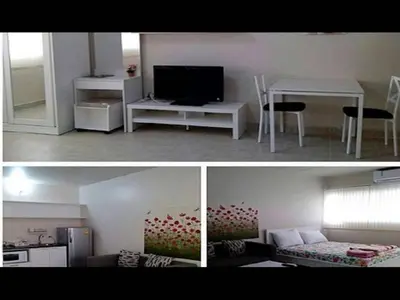 two pictures of a living room and a living room with a television at Impact Thunder Dome Service Taxi in Thung Si Kan
