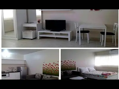 two pictures of a living room and a living room with a table at Impact Thunder Dome Service Taxi in Thung Si Kan
