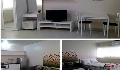 two pictures of a living room and a room with a tv at Chan Kim Don Mueang Guest House, located in Pak Kret in Thung Si Kan