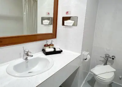 a bathroom with a sink and a toilet and a mirror at The Promenade Bangkok in Bangkok