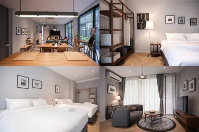 two pictures of a bedroom with two beds and a living room at humble abode Bangkok Vacation Home in Bangkok