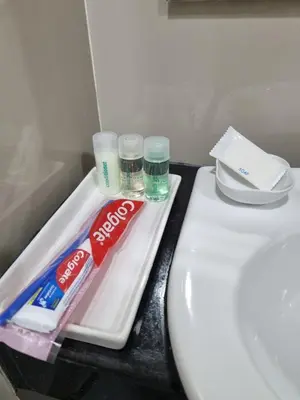 a bathroom with a toilet and a tray with toothpaste and water at Tiara Place in Bangkok